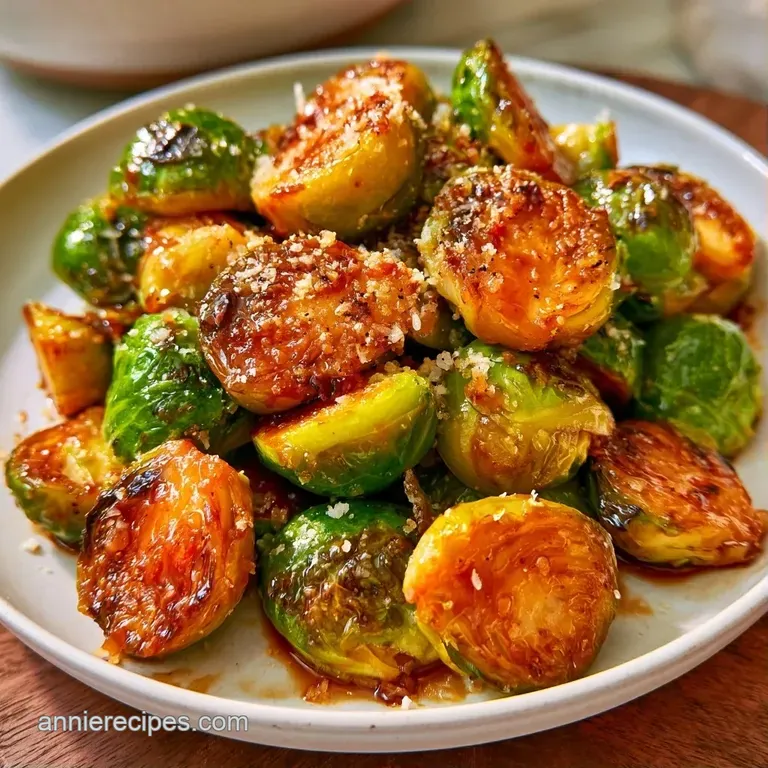 Charred green sprouts piled high on a white ceramic platter, drizzled with dark glaze and topped with toasted pecans.