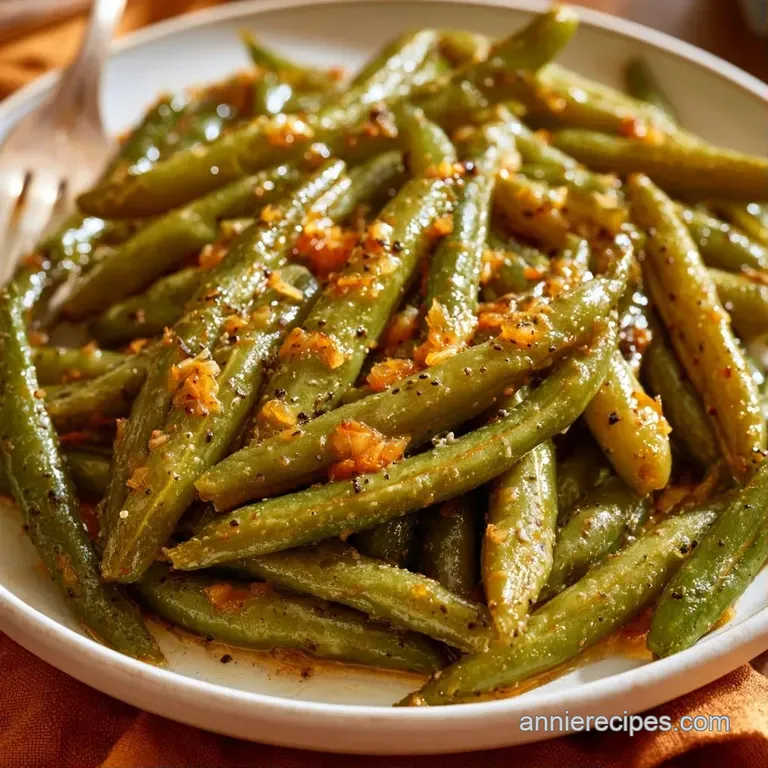 Neatly piled bright green beans in a shallow bowl, topped with a sprinkle of fresh parsley and cracked black pepper.