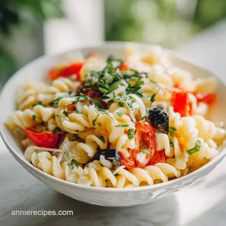 A generous scoop of colorful pasta salad artfully arranged on a white plate, dotted with fresh parsley.