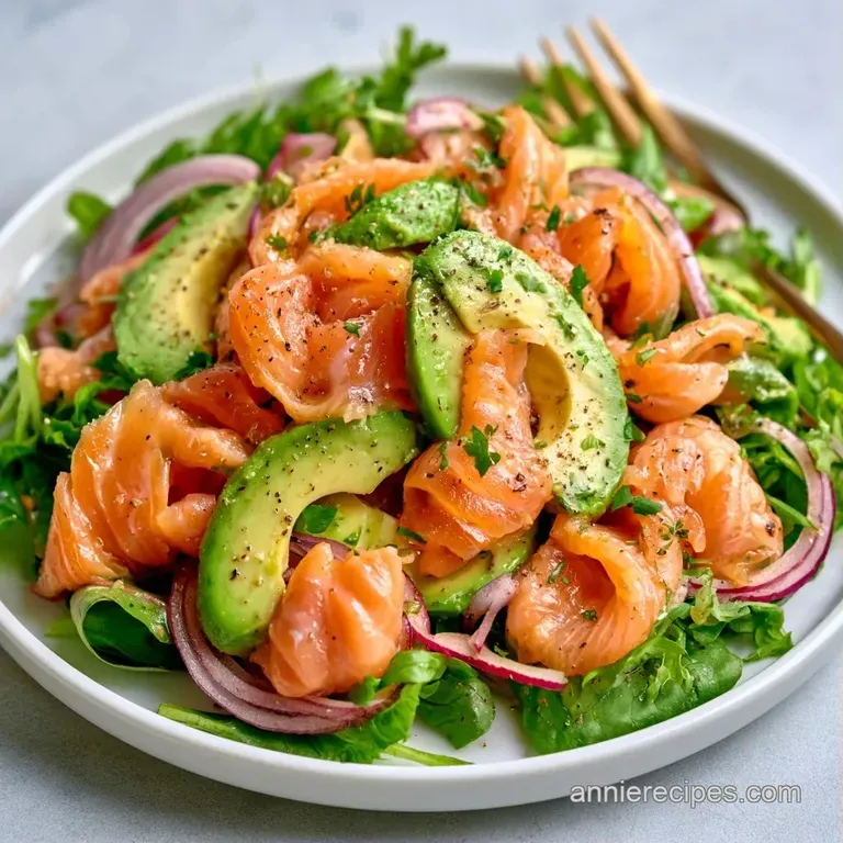 Elegant arrangement of silky salmon ribbons and pale green avocado slices over a bed of vibrant, leafy arugula.