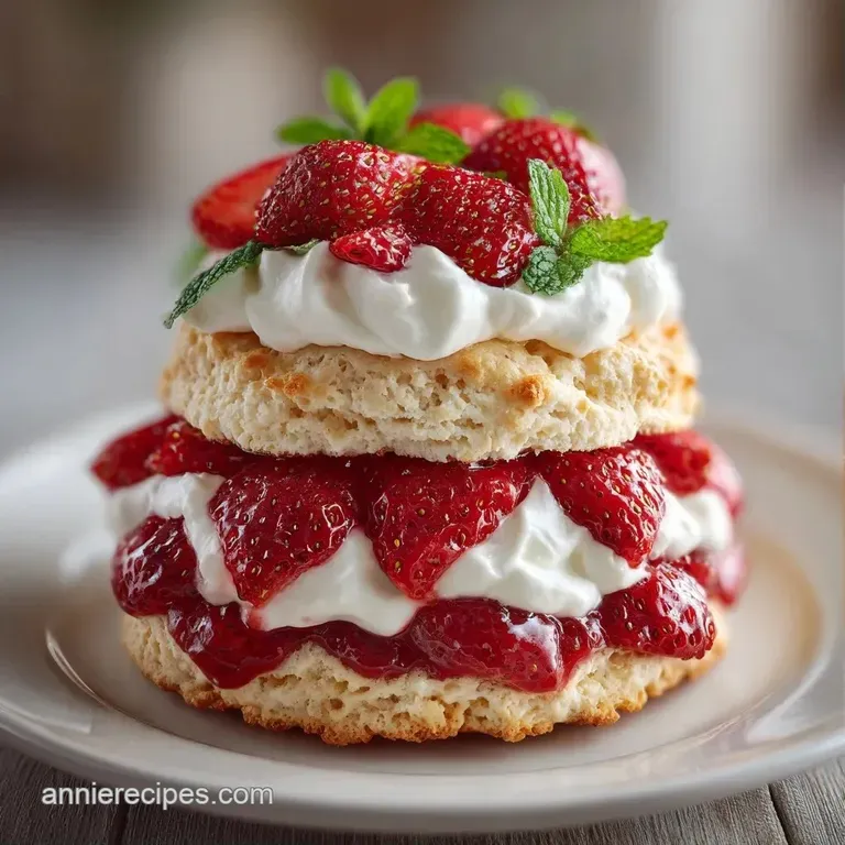 Elegant white plate holding a tiered dessert with glossy red berries and a mountain of snowy white whipped cream.