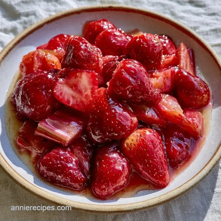A glossy dollop of deep red fruit sauce drizzled over a scoop of creamy vanilla bean ice cream on a white plate.