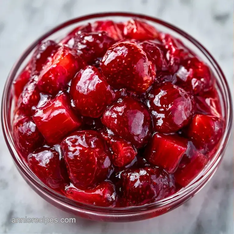 A dollop of bright red fruit preserve atop creamy vanilla ice cream, drizzled with syrup in a white ceramic bowl.