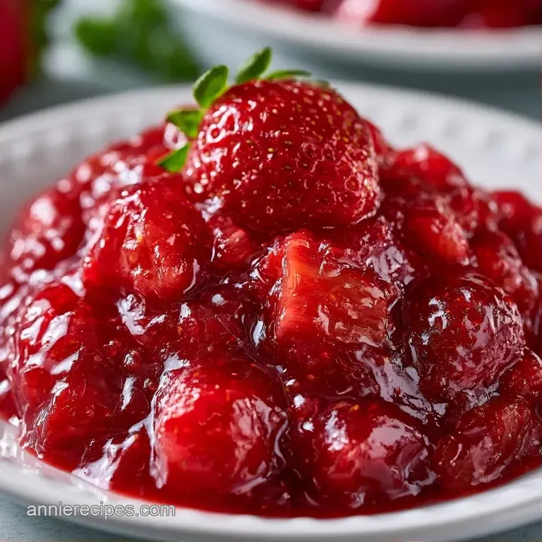 A swirl of deep red fruit sauce drizzled over a creamy vanilla panna cotta with a sprig of mint for contrast.