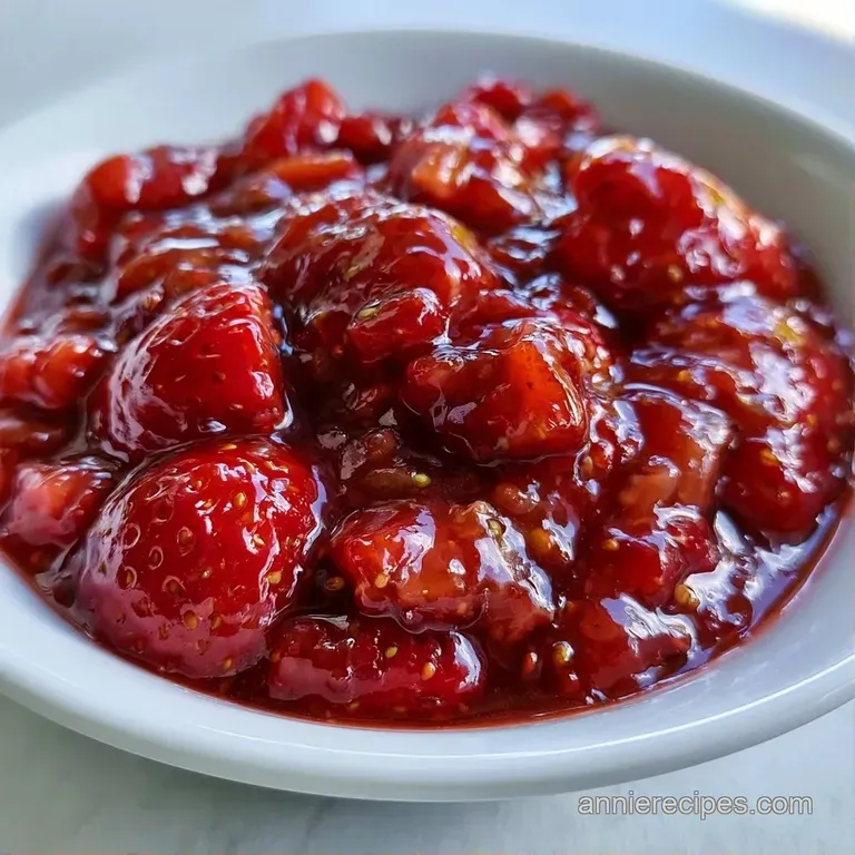 A swirl of bright red fruit compote drizzled over a scoop of creamy white vanilla ice cream in a glass bowl.