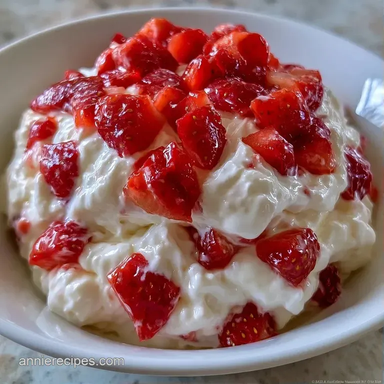 A white porcelain plate holding a tiered cake with glossy red berries and a dollop of thick, creamy white frosting.