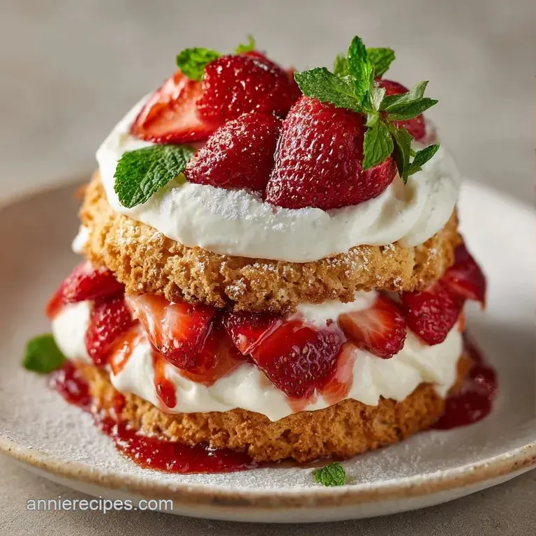 Stacked golden biscuits layered with bright red sliced berries and clouds of white cream on a marble surface.