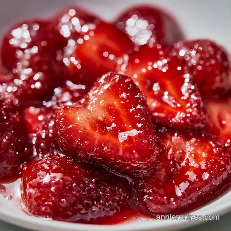 Glazed red strawberry slices arranged in a neat circle on a white plate, topped with a fresh green mint sprig.