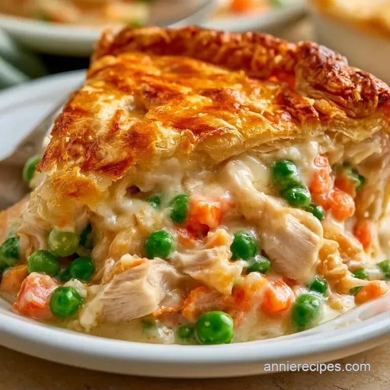 Elegant slice of savory pie with a buttery crust and hearty vegetable filling served on a minimal white ceramic plate.