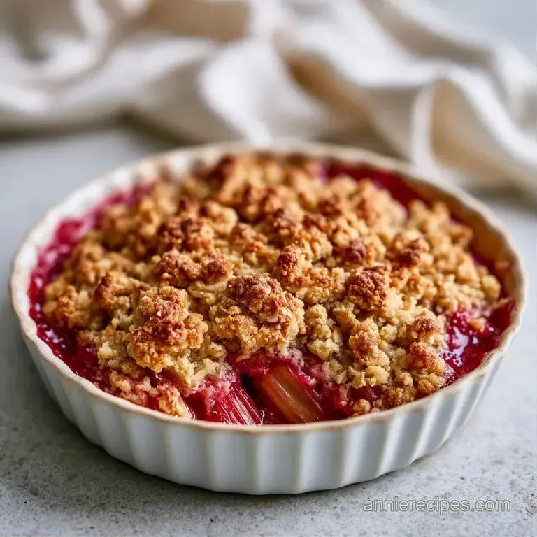 A slice of fruit crumble on a white ceramic plate with a dollop of melting cream and a fresh green mint leaf.
