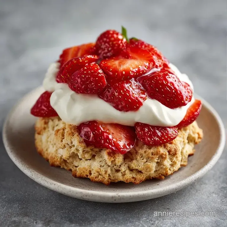 Golden-brown biscuits stacked on a white plate with dollops of cream and a drizzle of strawberry syrup.