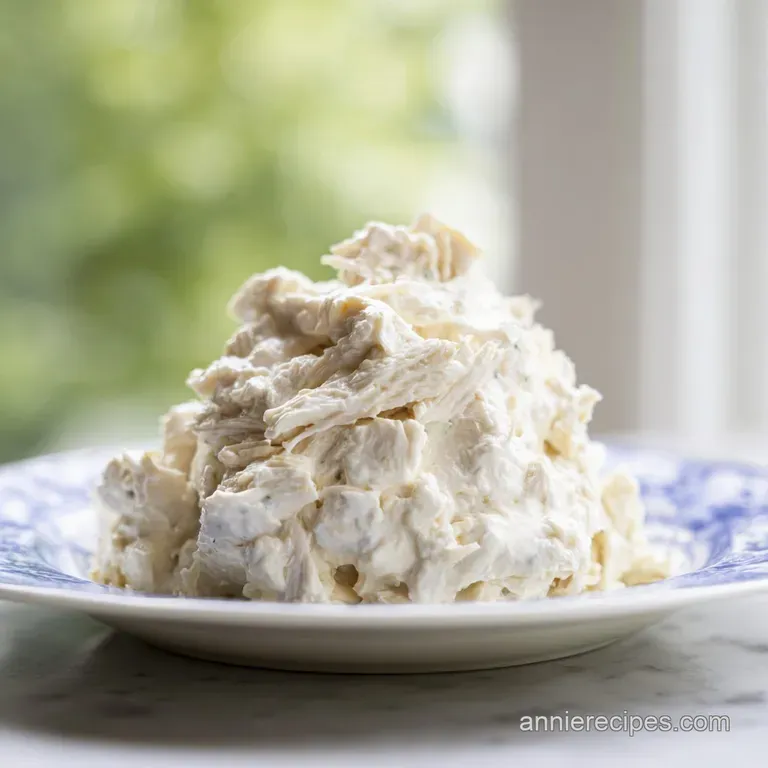 Elegant scoop of creamy chicken salad atop vibrant mixed greens, served on a white plate with gold cutlery.