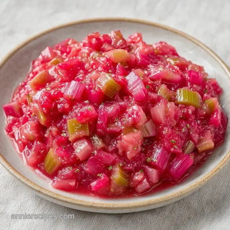 Thick, ruby-red fruit sauce artfully drizzled over a creamy dessert, accented by a sprig of bright green mint.